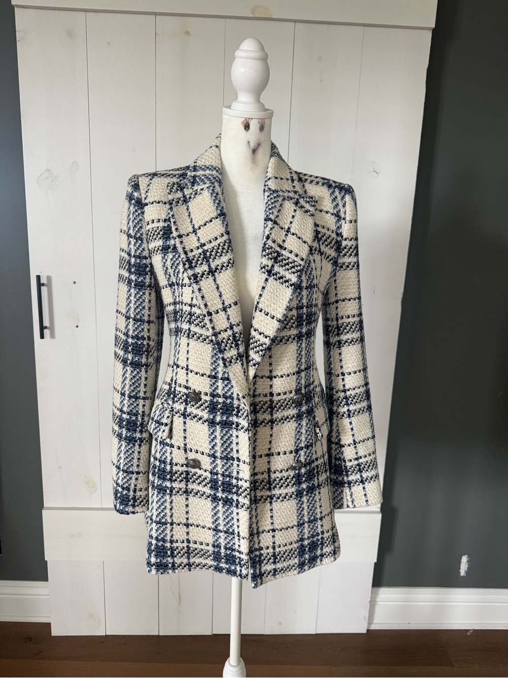 Zara Womens Navy Plaid Tweed Blazer Coat